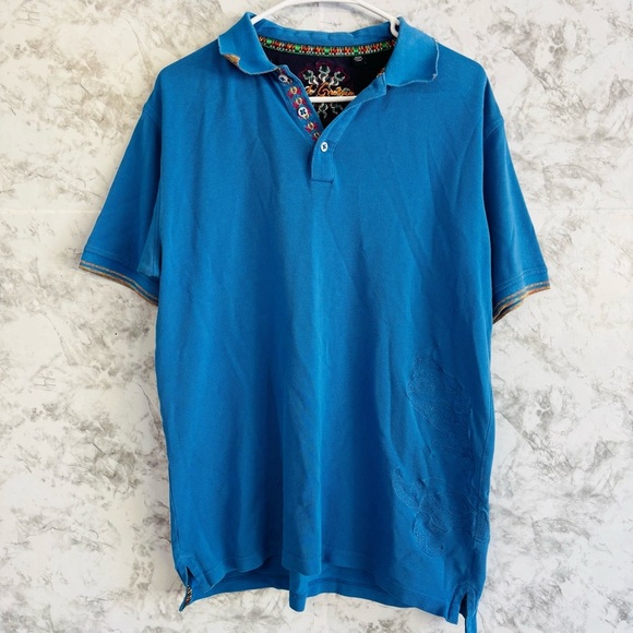 Robert Graham Polo Shirt Men's Blue Medium Short Sleeve Paisley Floral Casual - Picture 1 of 7